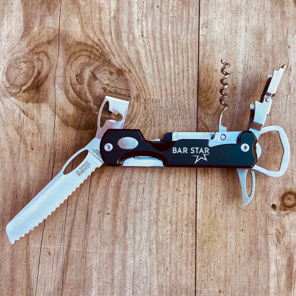 
                  
                    BAR STAR is the ULTIMATE all-in-one bartending tool. It’s high quality, rugged, and pretty much badass! BAR STAR is perfect for camping, boating & tailgating. Be the MVP at your next cocktail party or backyard barbecue. It features a citrus knife, wine opener, zester & twister, bottle opener & it's magnetic!
                  
                